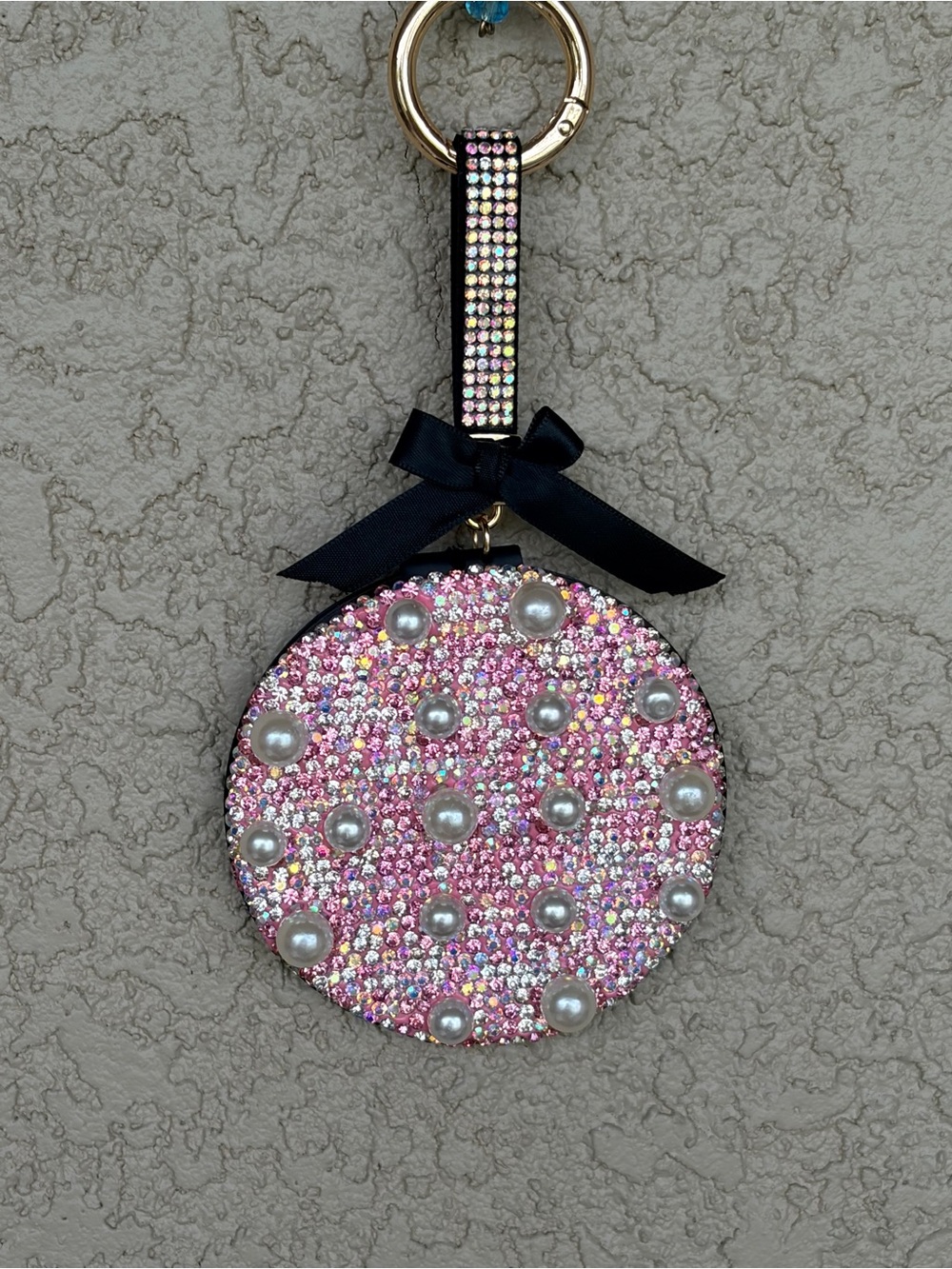 Bedazzled Pink Pearl & Crystal Round Keychain/Mirror